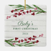 Wood Cranberry Foliage Baby First Christmas Foto Keramikornament (Rückseite)