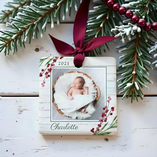 Wood Cranberry Foliage Baby First Christmas Foto Keramikornament
