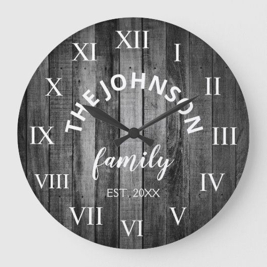 Wood Custom Family Name Rustic Farmhouse Große Wanduhr (Vorderseite)