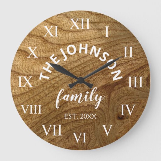 Wood Custom Family Name Rustic Farmhouse Große Wanduhr (Vorderseite)