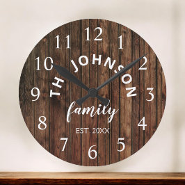 Wood Custom Family Name Rustic Farmhouse Große Wanduhr