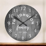 Wood Custom Family Name Rustic Farmhouse Große Wanduhr<br><div class="desc">The Grey (gray) wooden farm house stile wall clock is perfect for your country farmhouse kitchen. Customize with your family name and established year for a unique and personalized birthday or Christmas gift.</div>