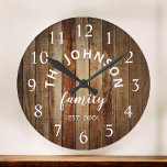 Wood Custom Family Name Rustic Farmhouse Große Wanduhr<br><div class="desc">Die Wanduhr im Stil eines braunen Bauernhofs ist perfekt für Ihre Landküche. Passen Sie Ihren Familiennamen und das Jahr für ein einmaliges und personalisiertes Geburtstag- oder Weihnachtsgeschenk an.</div>