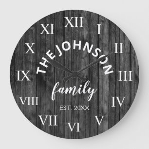 Wood Custom Family Name Rustic Farmhouse Große Wanduhr
