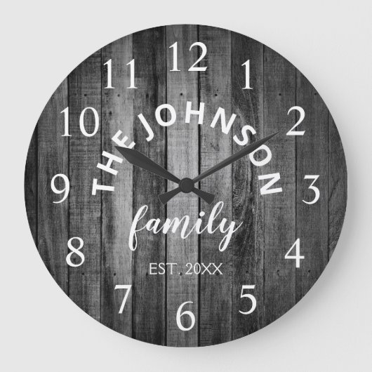 Wood Custom Family Name Rustic Farmhouse Große Wanduhr (Vorderseite)