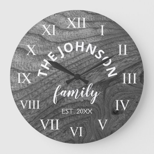 Wood Custom Family Name Rustic Farmhouse Große Wanduhr (Vorderseite)