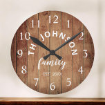 Wood Custom Family Name Rustic Farmhouse Runde Wanduhr<br><div class="desc">Die Wanduhr im Stil eines braunen Bauernhofs ist perfekt für Ihre Landküche. Passen Sie Ihren Familiennamen und das Jahr für ein einmaliges und personalisiertes Geburtstag- oder Weihnachtsgeschenk an.</div>