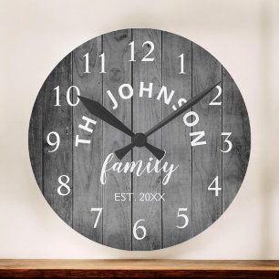 Wood Custom Family Name Rustic Farmhouse Runde Wanduhr
