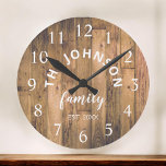 Wood Custom Family Name Rustic Farmhouse Runde Wanduhr<br><div class="desc">Die Wanduhr im Stil eines braunen Bauernhofs ist perfekt für Ihre Landküche. Passen Sie Ihren Familiennamen und das Jahr für ein einmaliges und personalisiertes Geburtstag- oder Weihnachtsgeschenk an.</div>