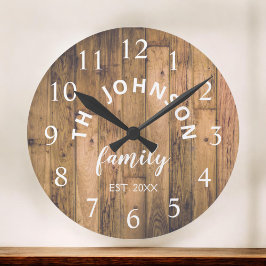 Wood Custom Family Name Rustic Farmhouse Runde Wanduhr