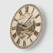 Wood Engraved Mountain River Wall Clock Große Wanduhr (Winkel)