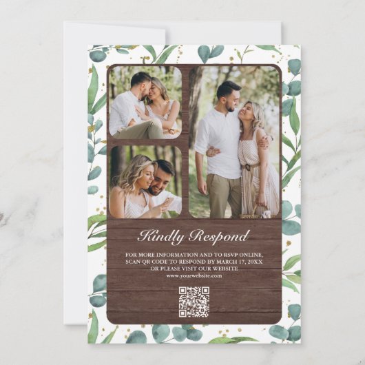Wood Eucalyptus Photo Collage QR Code Wedding Einladung (Rückseite)