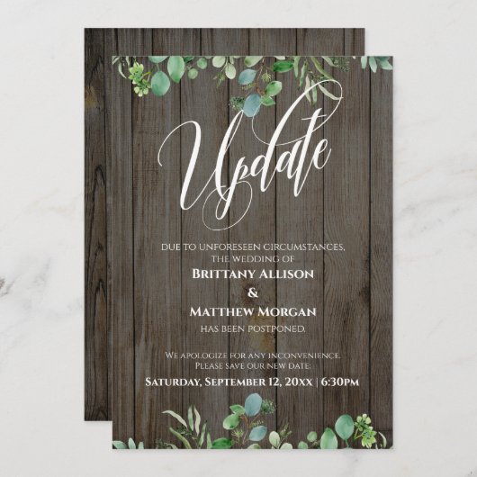 Wood & Eukalyptus - Hochzeitsaktualisierungskarte Einladung (Vorne/Hinten)