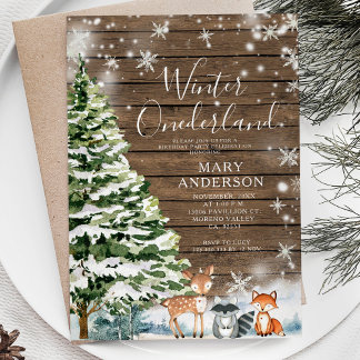 Wood Evergreen Winter Onederland 1. Geburtstag Einladung