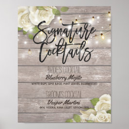 Wood floral Wedding Signature Cocktail Drink Menü Poster