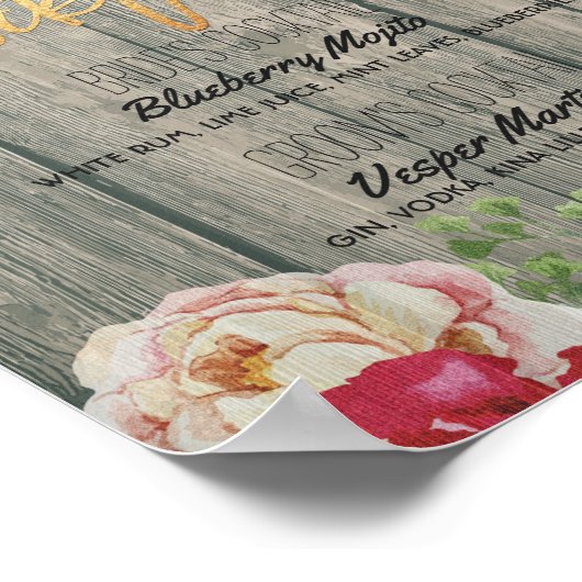 Wood floral Wedding Signature Cocktail Drink Menü Poster (Ecke)