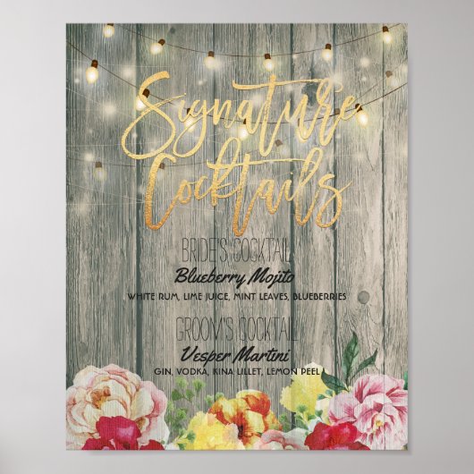 Wood floral Wedding Signature Cocktail Drink Menü Poster (Vorne)
