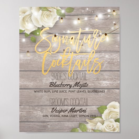 Wood floral Wedding Signature Cocktail Drink Menü Poster (Vorne)