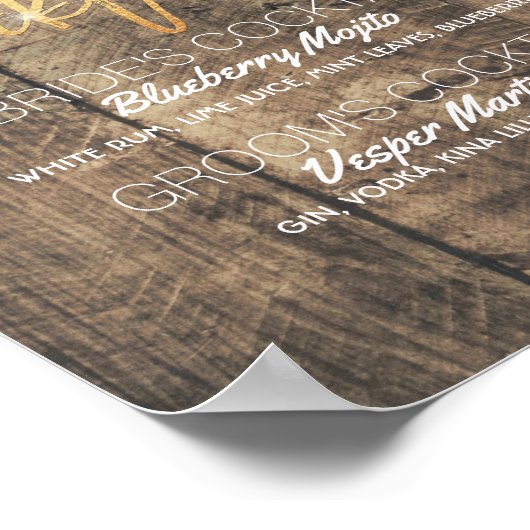 Wood floral Wedding Signature Cocktail Drink Menü Poster (Ecke)