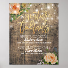 Wood floral Wedding Signature Cocktail Drink Menü Poster