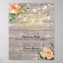 Wood floral Wedding Signature Cocktail Drink Menü Poster