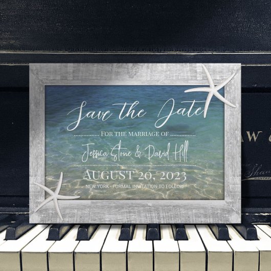 Wood Gerahmt Starfish Beach Hochzeit Save the Date Ankündigungspostkarte