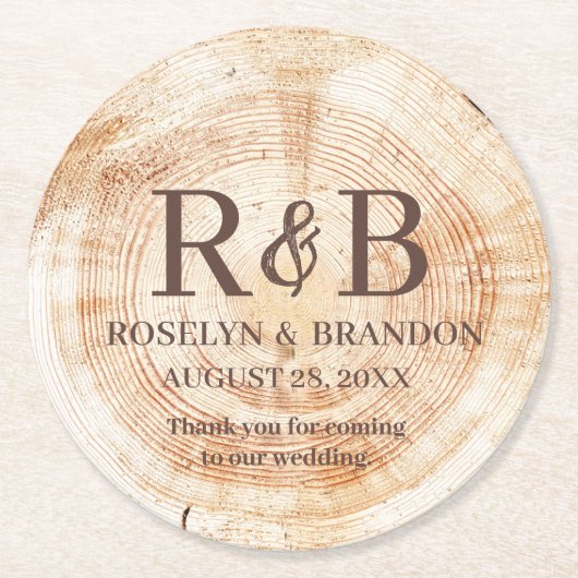 Wood Grain Rustic Wedding Vielen Dank für Monogram Runder Pappuntersetzer (Vorderseite)