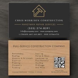Wood Handyman Construction Black Gold QR Code Visitenkarte