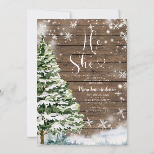 Wood He or she Evergreen Winter Gender Reveal Einladung (Vorderseite)