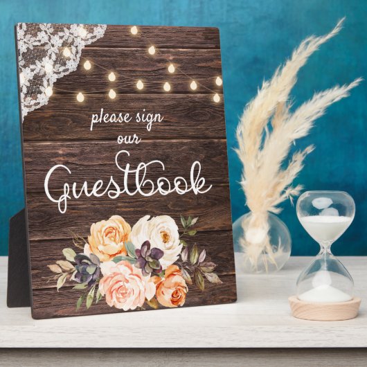 Wood Lace Blush Peach Floral Gästebuch Sign Easel Fotoplatte (Seite)
