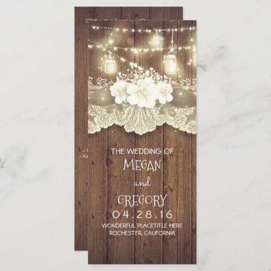 Wood Lace String Lights Mason Jars Wedding Program Programm (Vorne/Hinten)