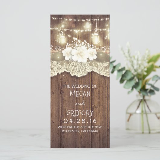 Wood Lace String Lights Mason Jars Wedding Program Programm (Stehend Vorderseite)