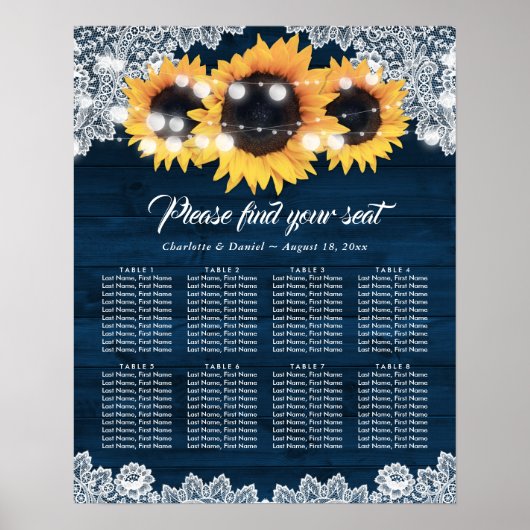 Wood Lace Sunflower Navy Blue  Seating Chart Poster (Vorne)