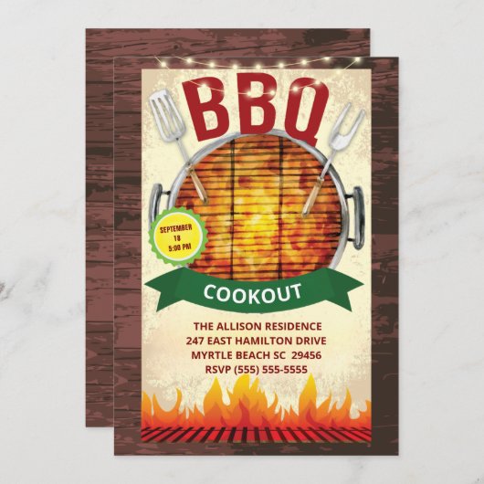 Wood Lights GRILLEN Grill Cookie Summer Party Einladung (Vorne/Hinten)