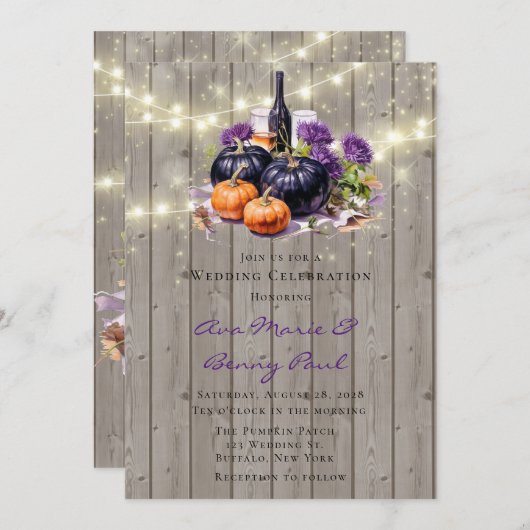 Wood Lila Pumpkin Lichter Weinglas Hochzeit Einladung (Vorne/Hinten)