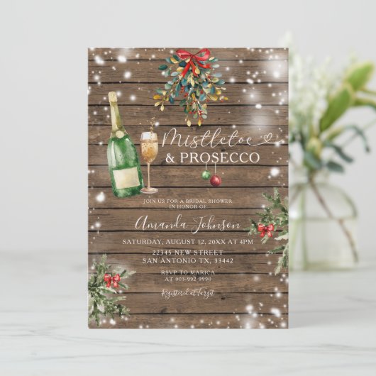 Wood Mistletoe Prosecco Weihnachtsgebäck Brautpart Einladung (Stehend Vorderseite)