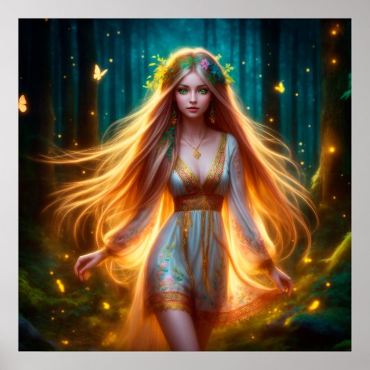 Wood nymph Fee Mädchen Gold helle Wald Blüte Poster (Vorne)