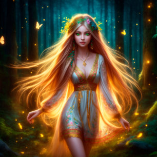 Wood nymph Fee Mädchen Gold helle Wald Blüte Poster