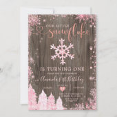 Wood Onederland Pink Snowflake 1. Geburtstag Einladung (Vorderseite)
