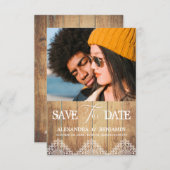 Wood Photo Lace Effect Whimsical Typography Save The Date (Vorne/Hinten)