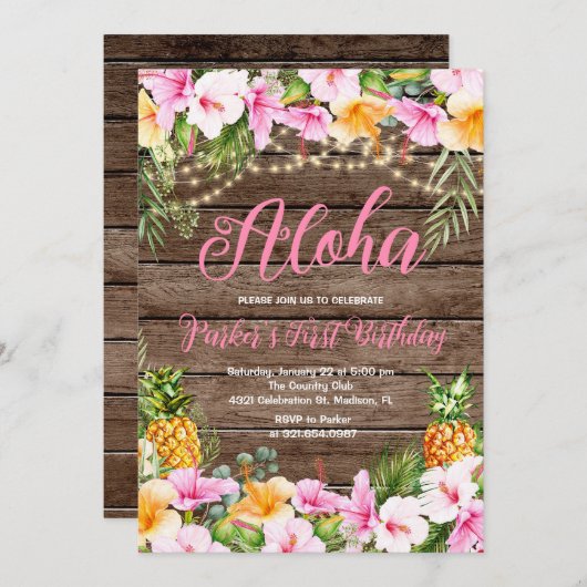 Wood Pineaple Aloha Erster Geburtstag Einladung (Vorne/Hinten)