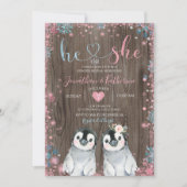 Wood Pinguin Gender-Offenbarung Er oder sie Schnee Einladung (Vorderseite)