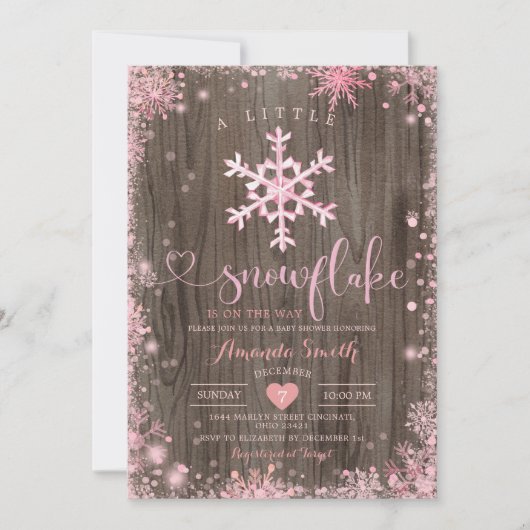 Wood Pink ein wenig Schneeflocken Winter Baby Dusc Einladung (Vorderseite)
