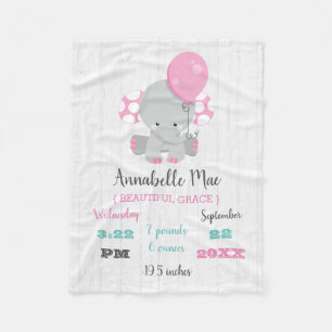Wood Pink Elephant Girl Baby Birth Stats Fleecedecke