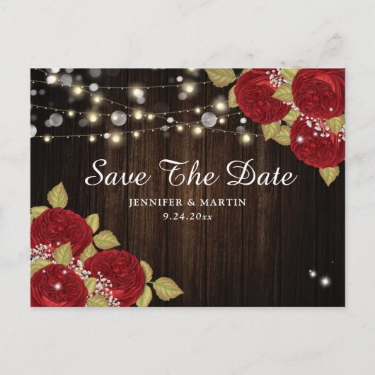 Wood Rote Rose Hochzeit speichern Datum Postkarten (Vorderseite)
