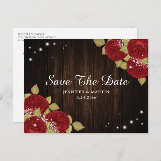 Wood Rote Rose Hochzeit speichern Datum Postkarten (Vorne/Hinten)