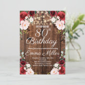 Wood Rustic Burgundy Floral Überraschung 80. Gebur Einladung (Stehend Vorderseite)