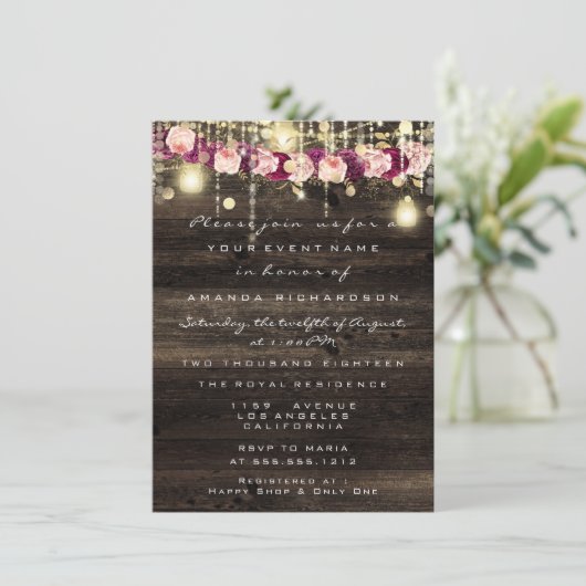 Wood Rustic Gold Lights Jar Bridal Wedding Einladung (Stehend Vorderseite)