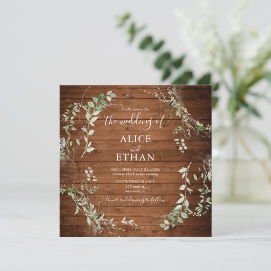 Wood Rustic Greenerity Script Wedding Einladung (Stehend Vorderseite)