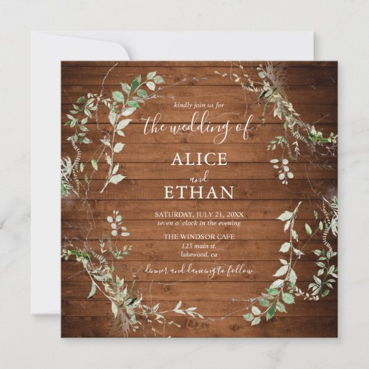 Wood Rustic Greenerity Script Wedding Einladung (Vorderseite)